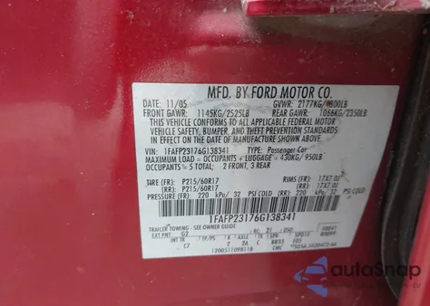 2006 Ford Five Hundred Se из США, поврежденный, VIN 1FAFP23176G138341